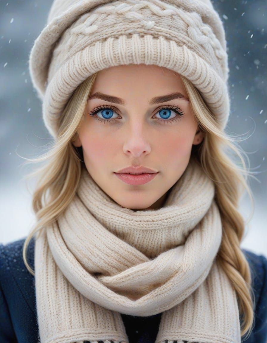Woman in Wool Hat and Scarf in Snowstorm