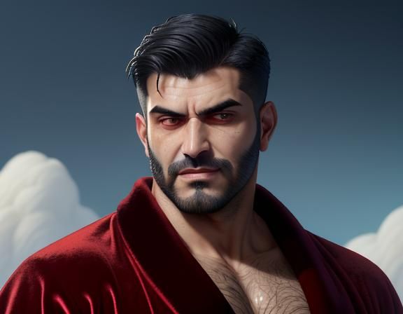 Furious Man in Red Velvet Robe with Hairy Chest
