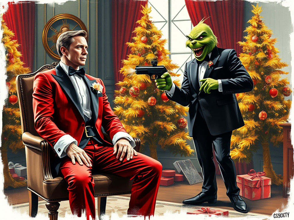 Movie mashup. James Bond, Goldfinger and The Grinch Who Stole Christmas