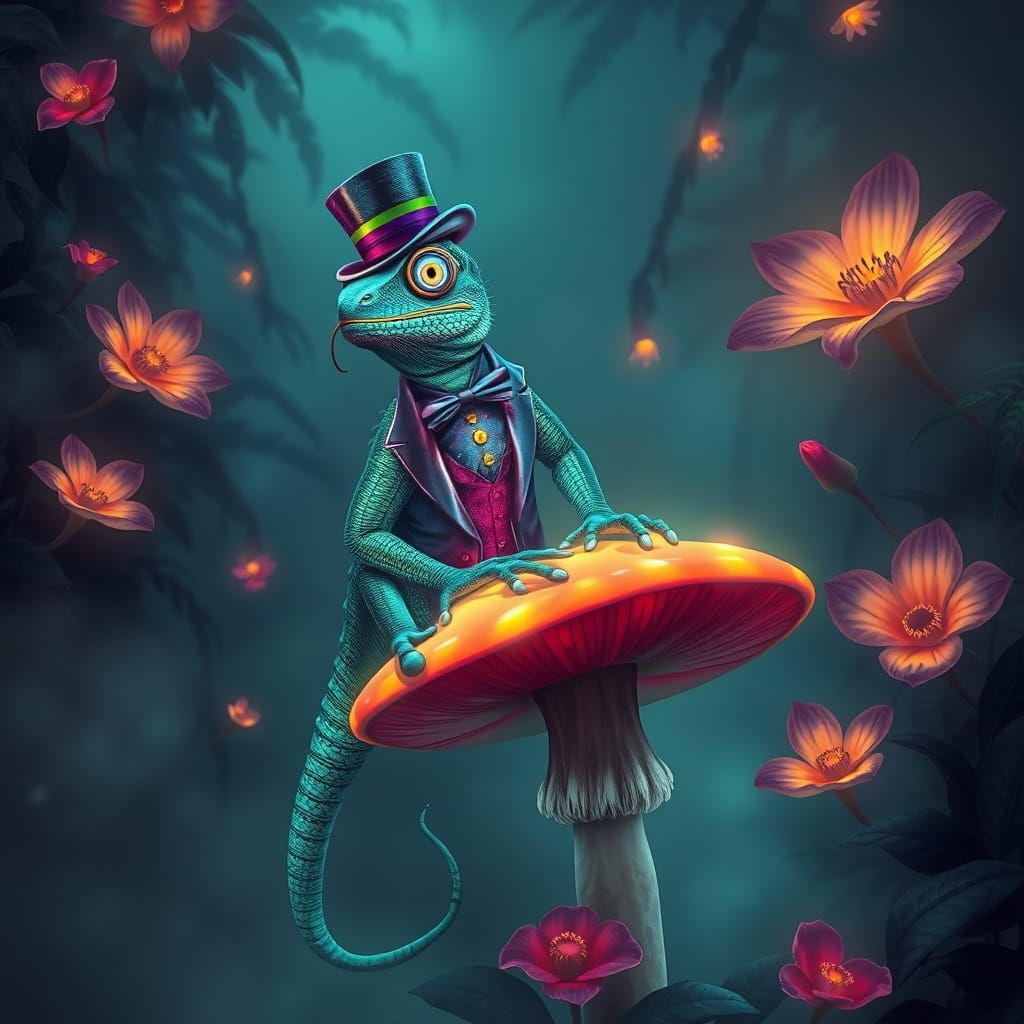 Bioluminescent Iguana in Art Nouveau Jungle