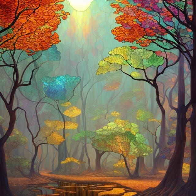 Stained Glass Trees in Zen Garden Landscape