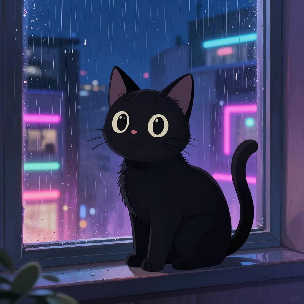 Cute Black Cat on Rainy City Night in Anime Style