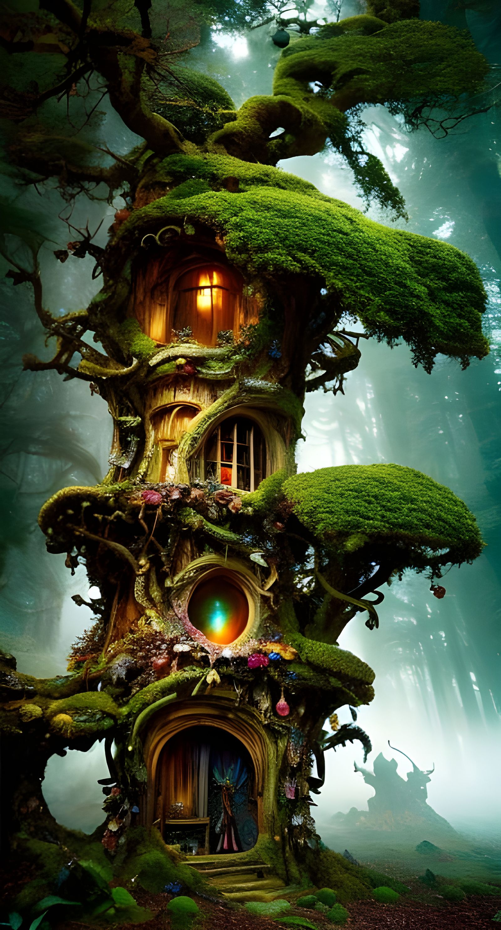 Intricate Fairy Home Inside Gnarled Oak, Fantasy Art