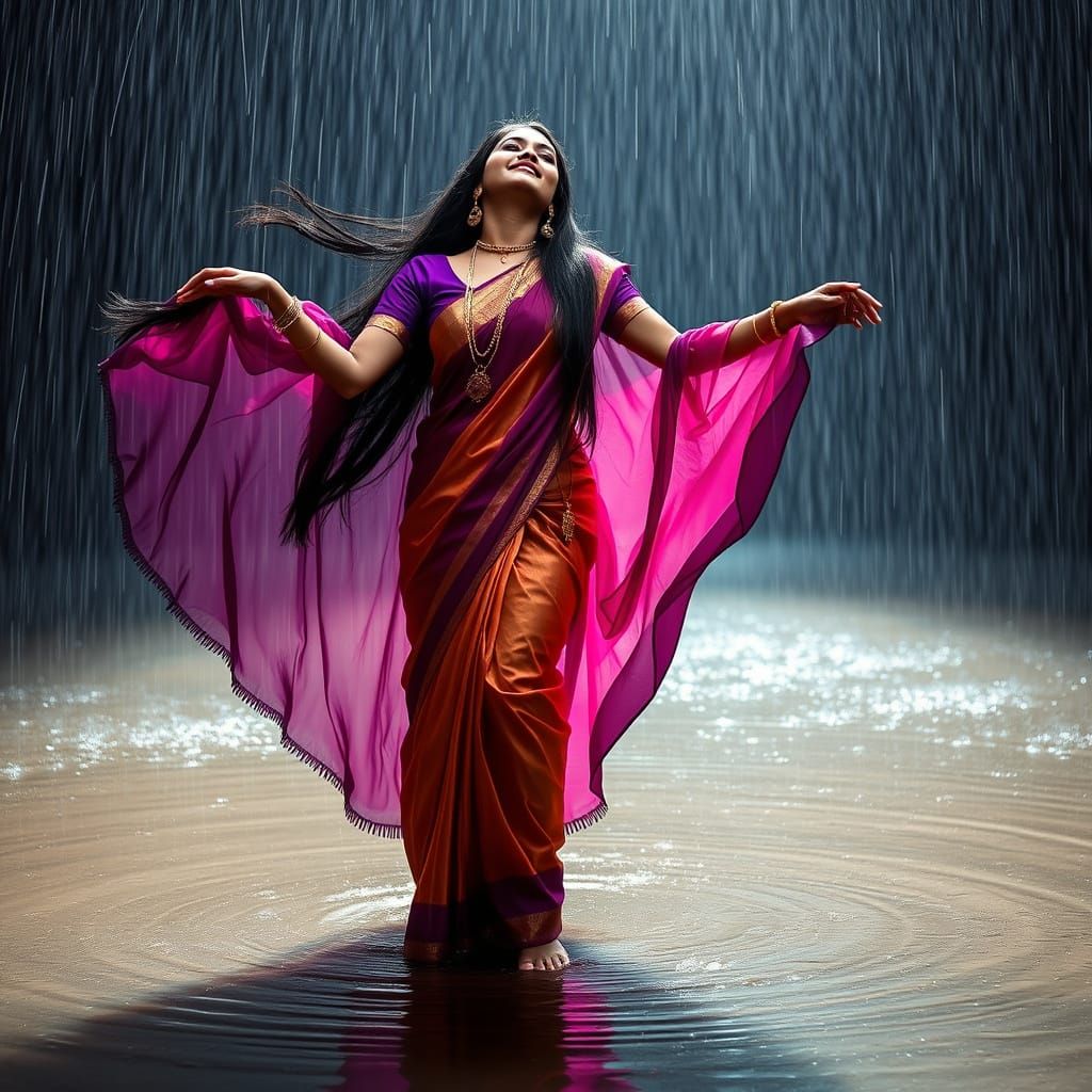Woman in Saree Dancing in Rain: Digital Art