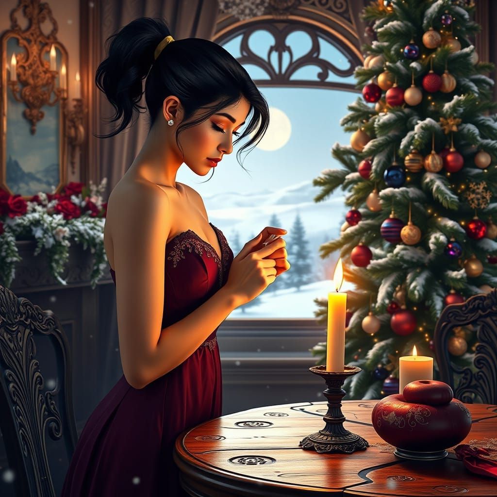 Elegant Woman Ignites Candle in Lavish Winter Setting