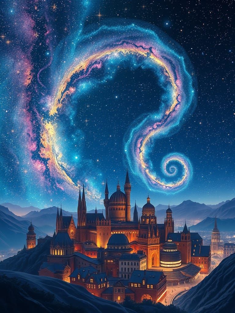 Fantasy City Lit by Distant Galaxies
