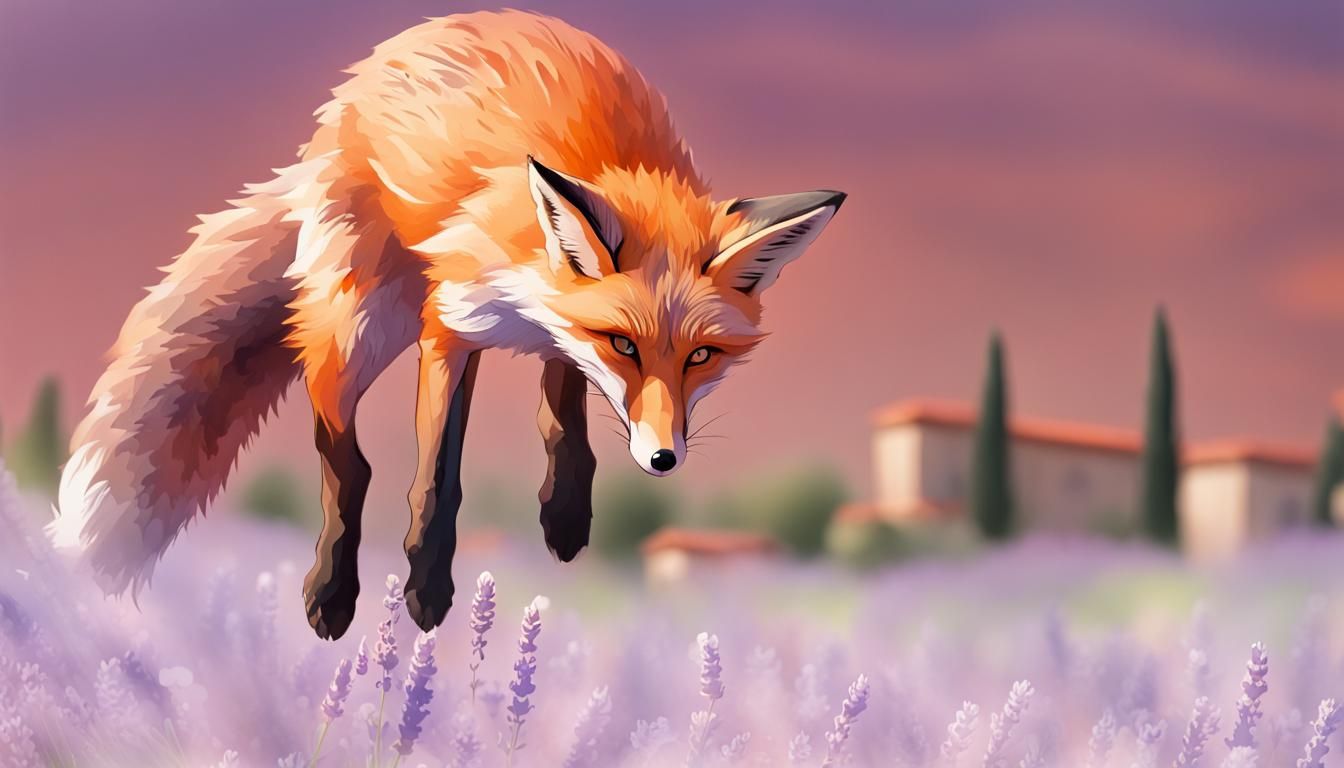 Fox Jumps in Lavender Field: Impressionistic Sunset