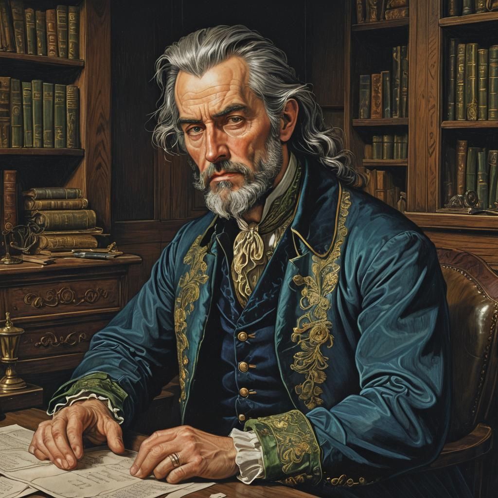 Gaunt Man in Dimly Lit 17th Century Office