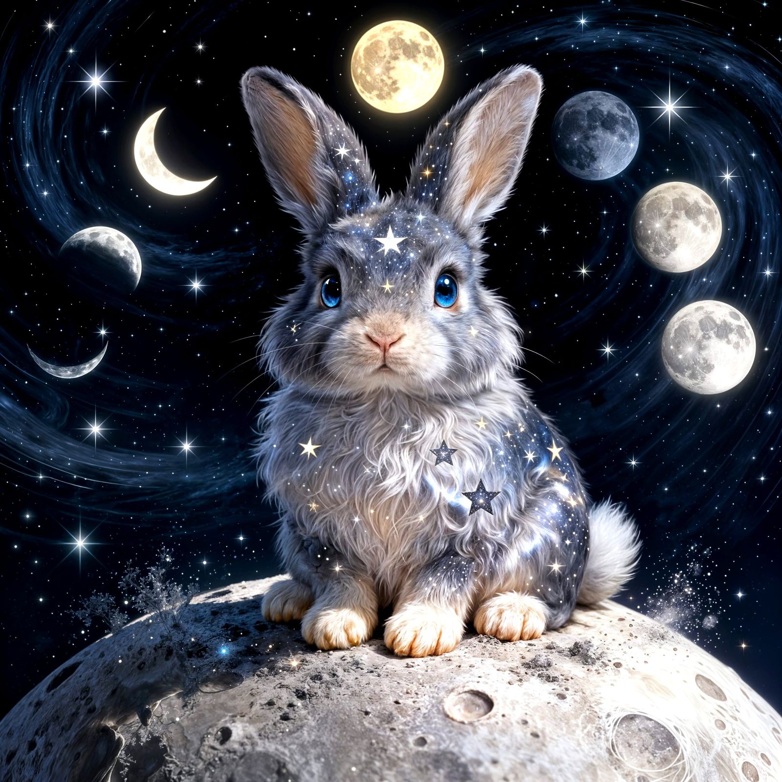 Cute Moon Rabbit Sitting on Lunar Surface
