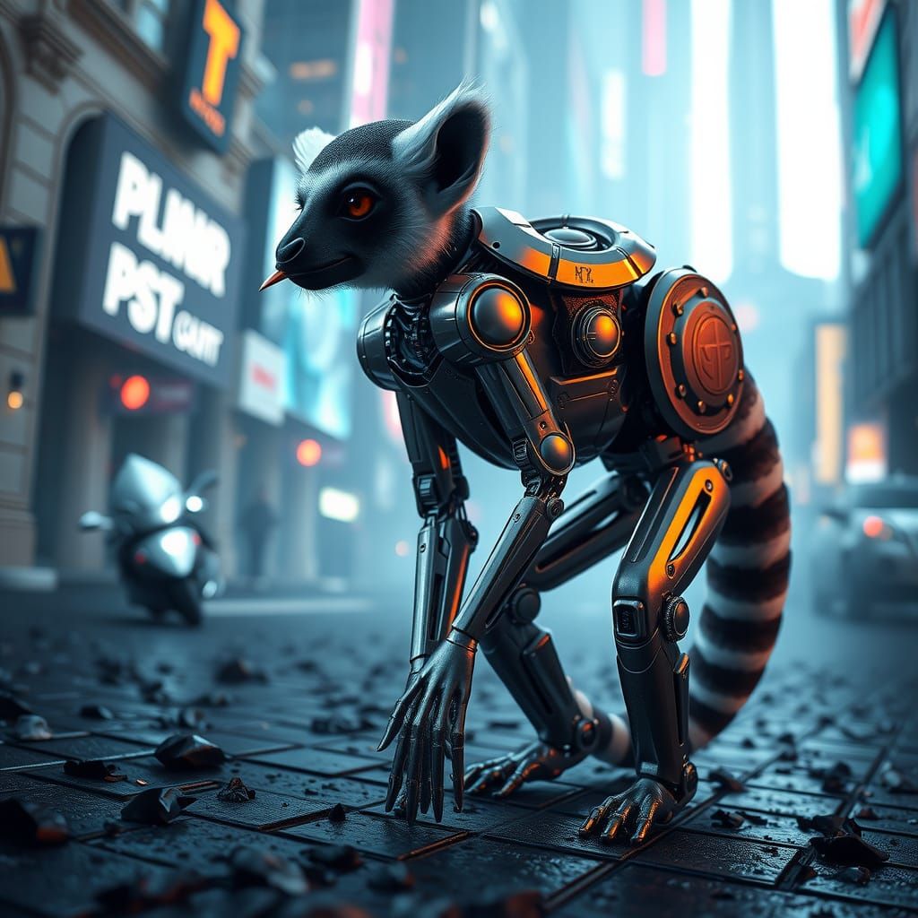 Futuristic Metallic Lemur Hybrid in Sci-Fi Cityscape