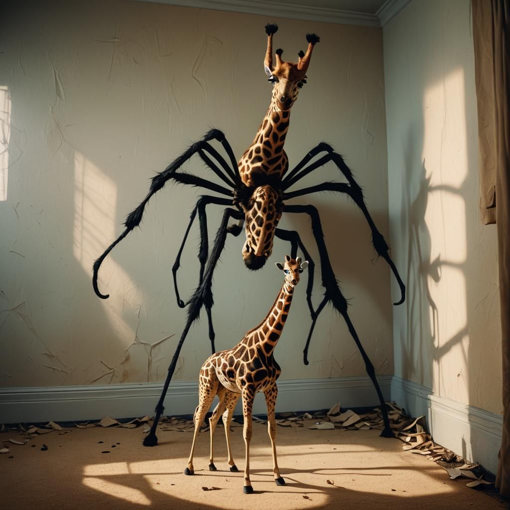 Surreal Spider-Giraffe Hybrid in Film Noir Style