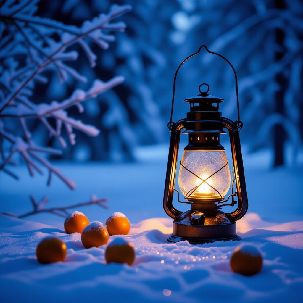 Mysterious Lantern in Snowy Forest at Night