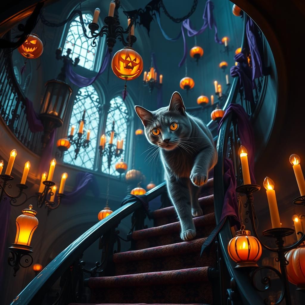 Mystical Halloween Cat on Grand Staircase