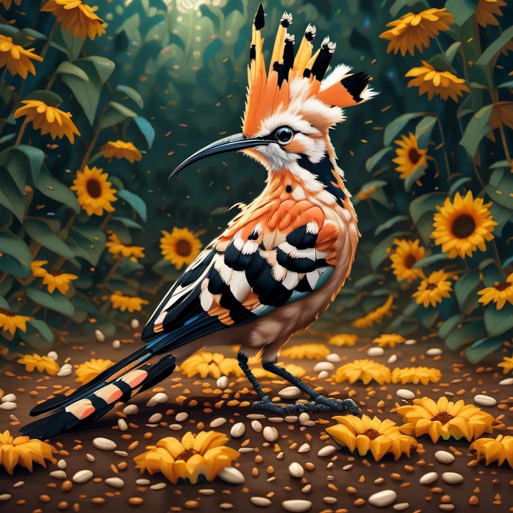hoopoe bird in a sunflower field