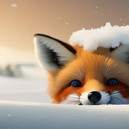 Adorable Fluffy Fox in Snow, Digital Art