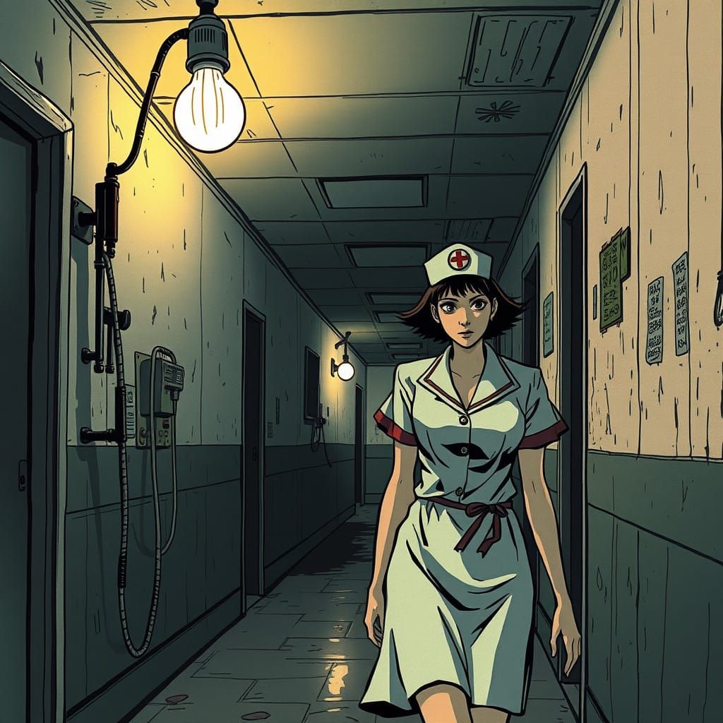 Dark Hospital Corridor in Haunting Vintage Anime Style