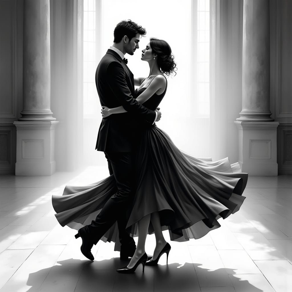 Elegant Couple Waltz in Monochrome Ballroom