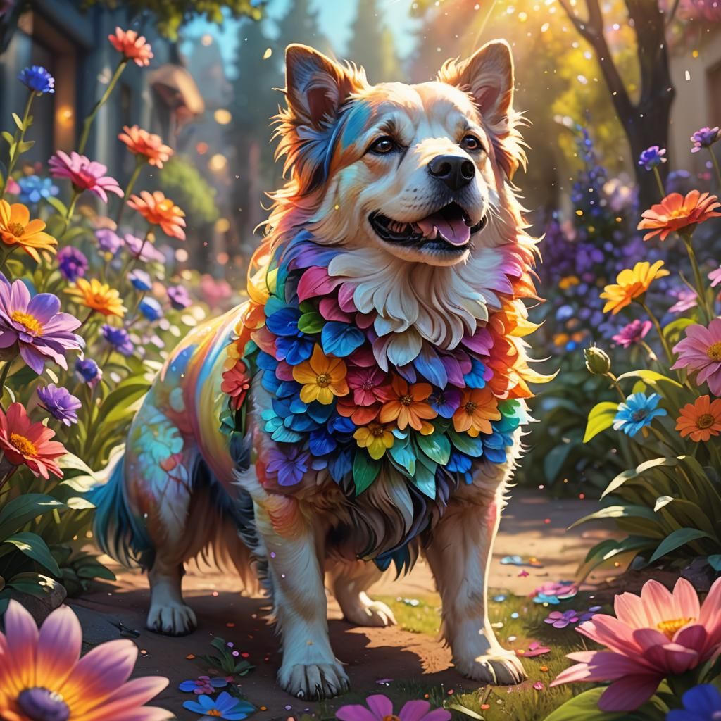 Rainbow Flower Blooms on Happy Dog: Fantasy Art