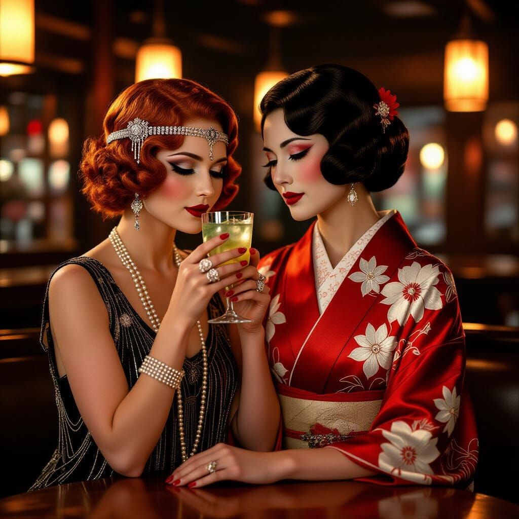 Roaring Twenties Flapper with Oni Exorcist in Speakeasy