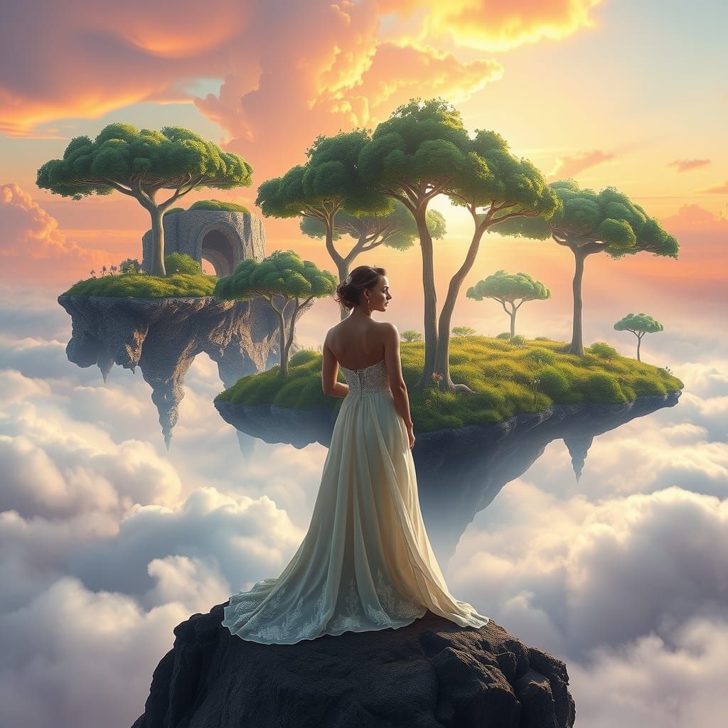 Ethereal Woman on Floating Island in Dreamscape