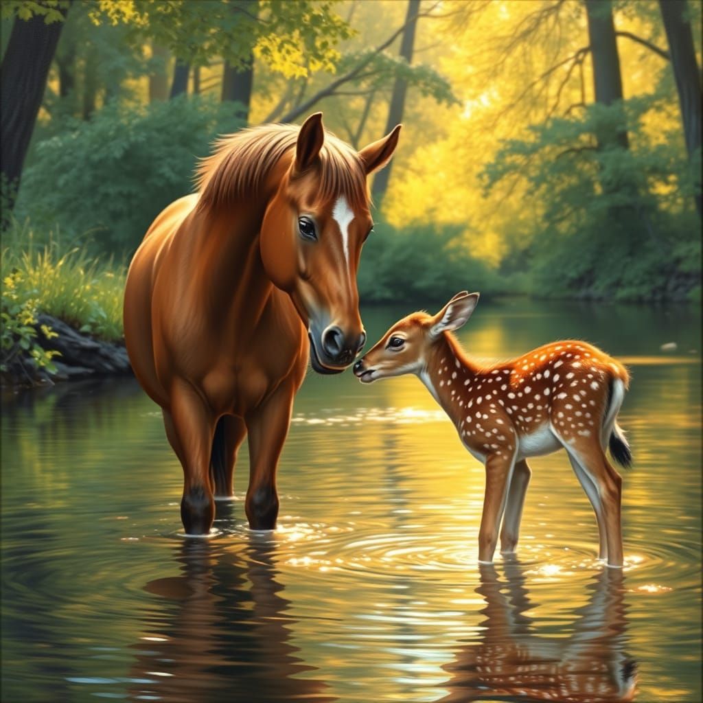 A chestnut horse & a spotted fawn stand close together in a ...