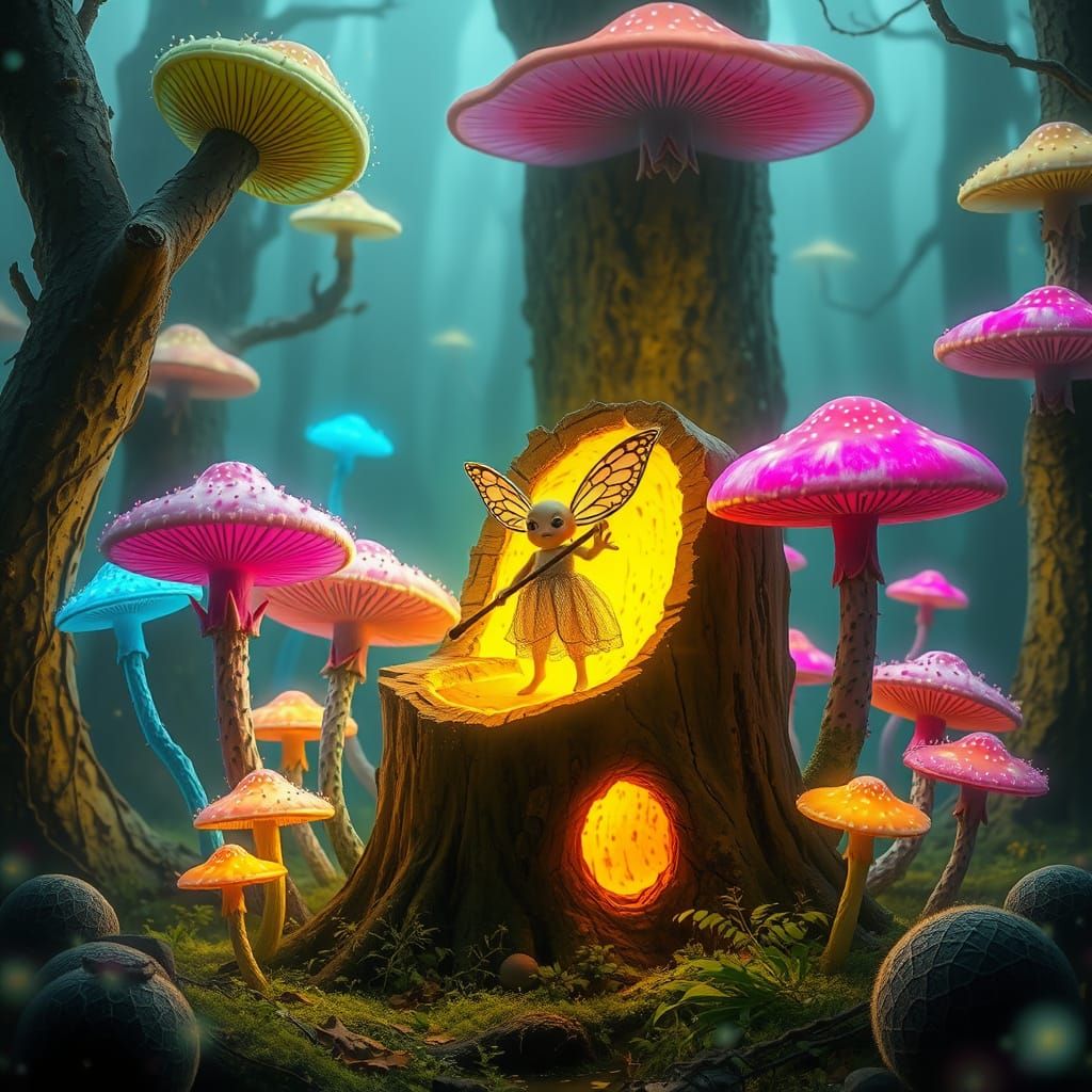 Glowing Mushroom Circle Illuminates Misty Forest