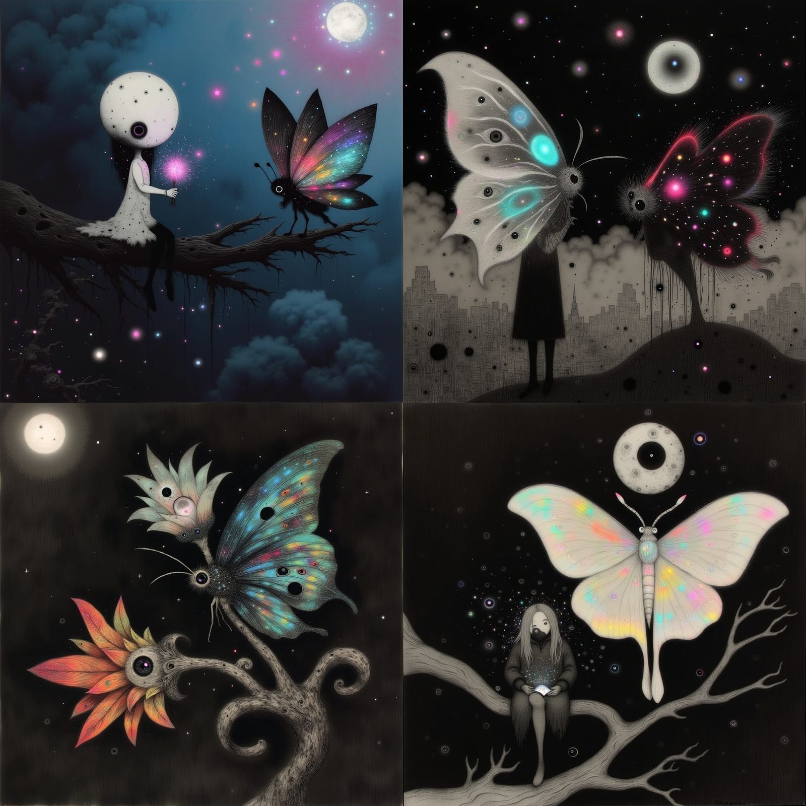 Enchanting Moths in Mysterious Charcoal-Lit Realms