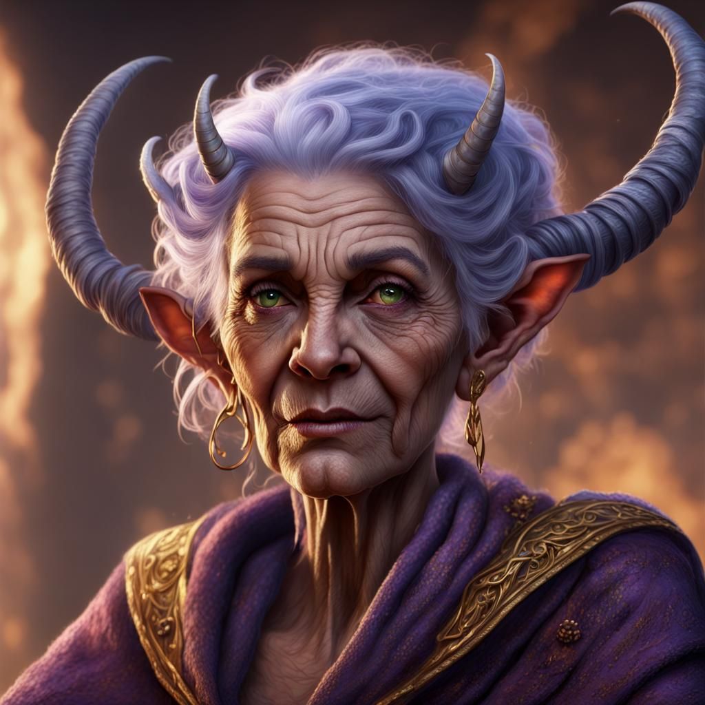 Elderly Tiefling Knits Magical Clothing: Fantasy Art