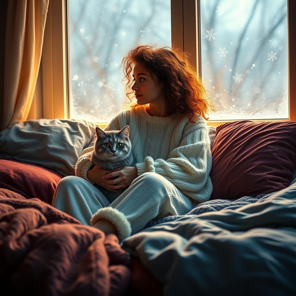 Cozy Winter Scene with Woman and Cat in a Fantasy Bedroom