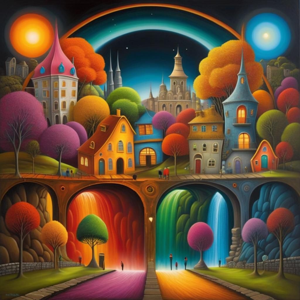 Surreal Art Brut Landscape with Magical Portals