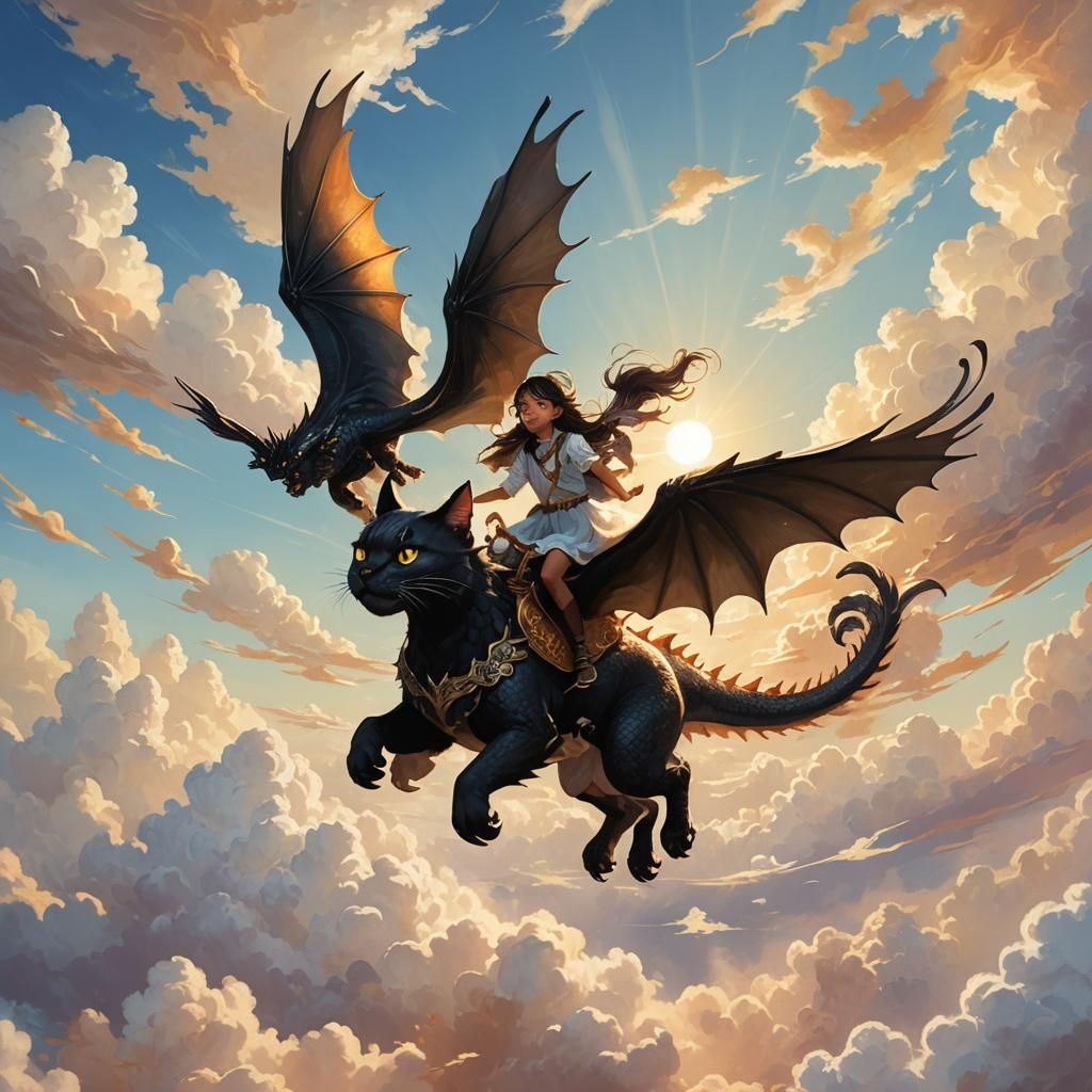 Winged Dragon Cat Ride in Dreamy Sunshine