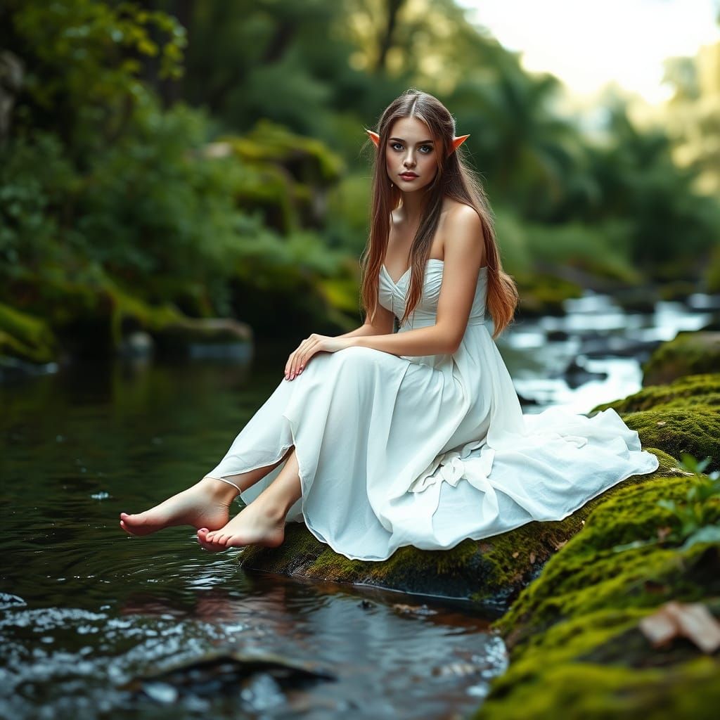 Elven Woman in White Gown by Stream