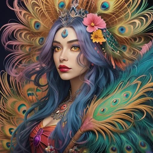 Magenta Woman with Peacock Feathers in Pixar Style