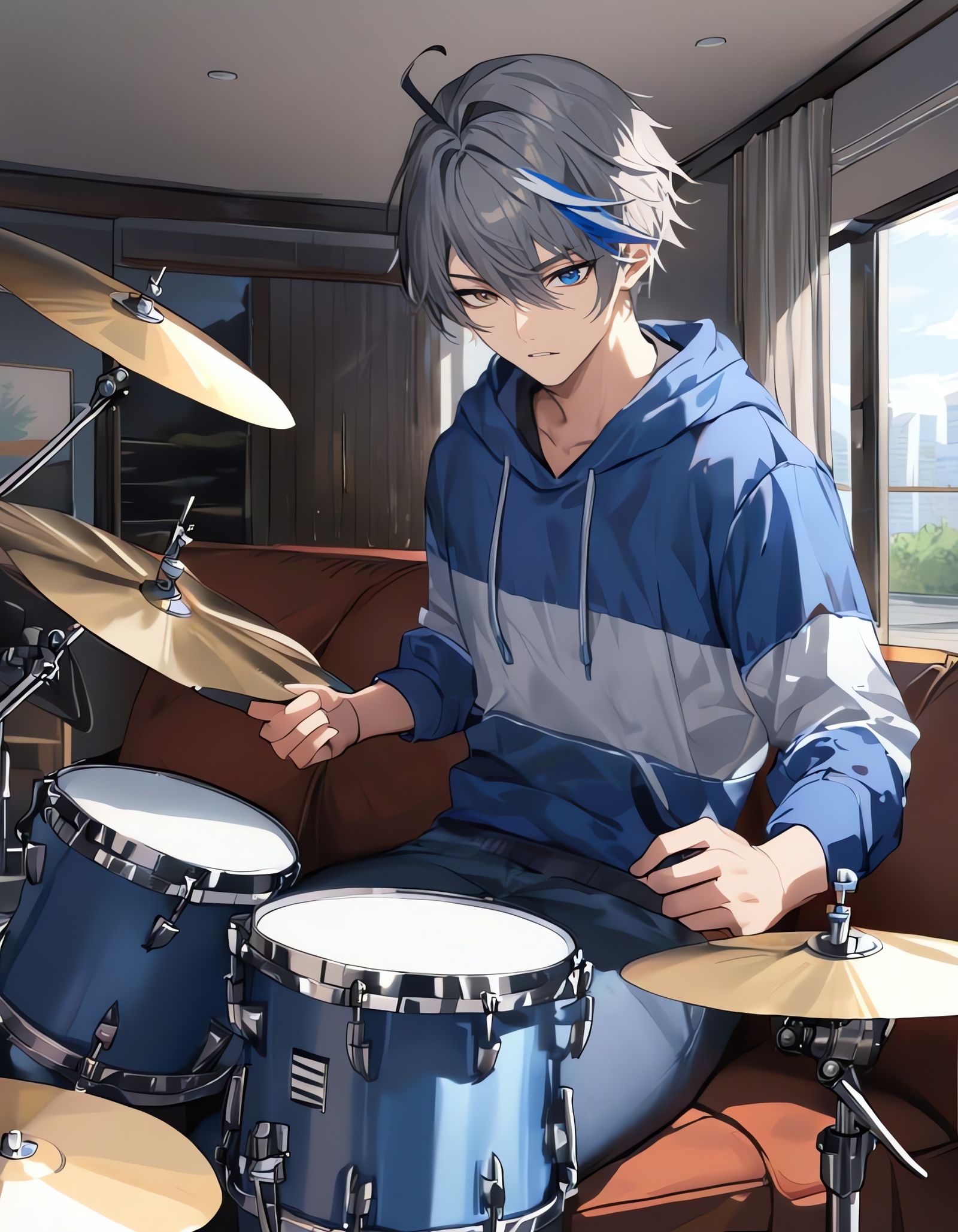 Bishounen Drummer Boy in a Blue Striped Hoodie
