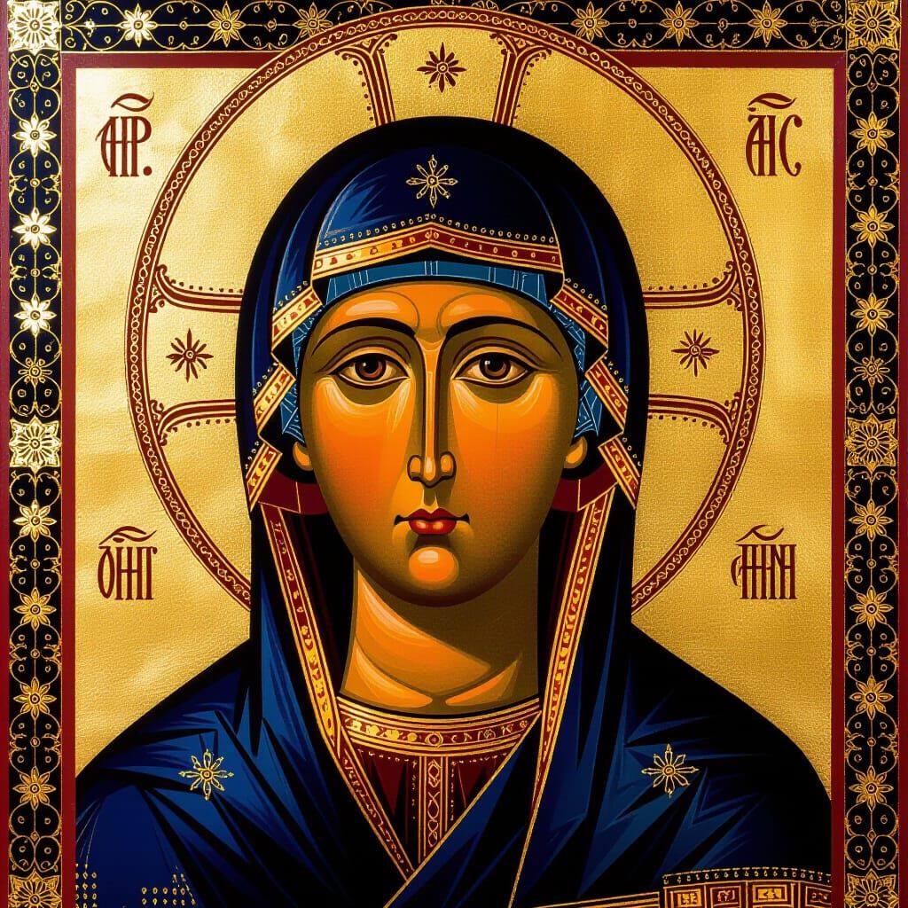 Byzantine Icon of Virgin Mary with Gold Details