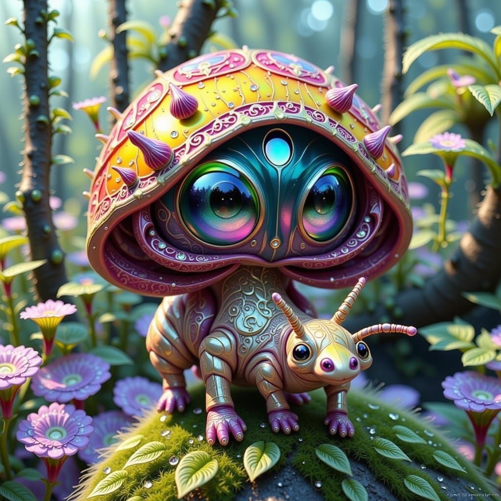 Whimsical Snail-Cheetah Fae in Lush Forest