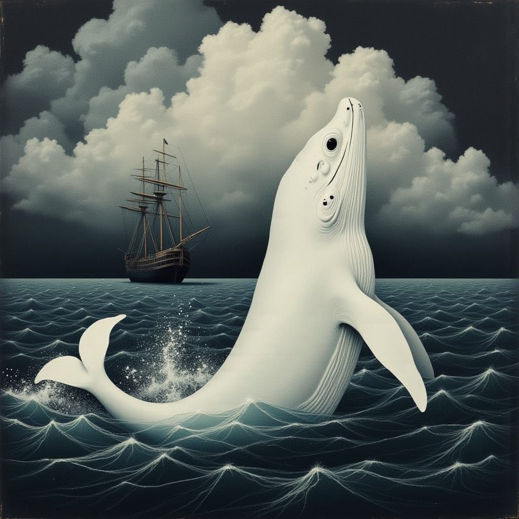 Jumping Whale in Cloudy Sky, Maritime Art Style