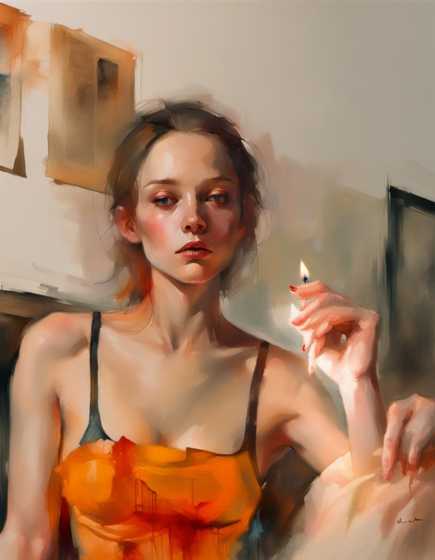 Candlelit Reader in Dark Room: Minimalist Alcohol Ink