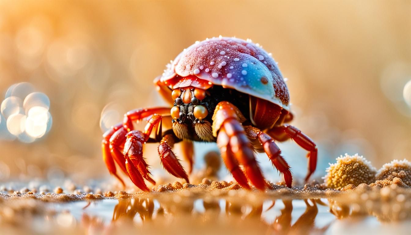 Colorful Hermit Crab Macro Shot on Dewy Beach