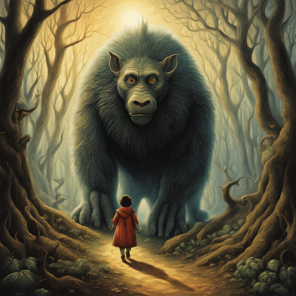 Guardian Creature Guides Children Home: Surrealist Illustrat...