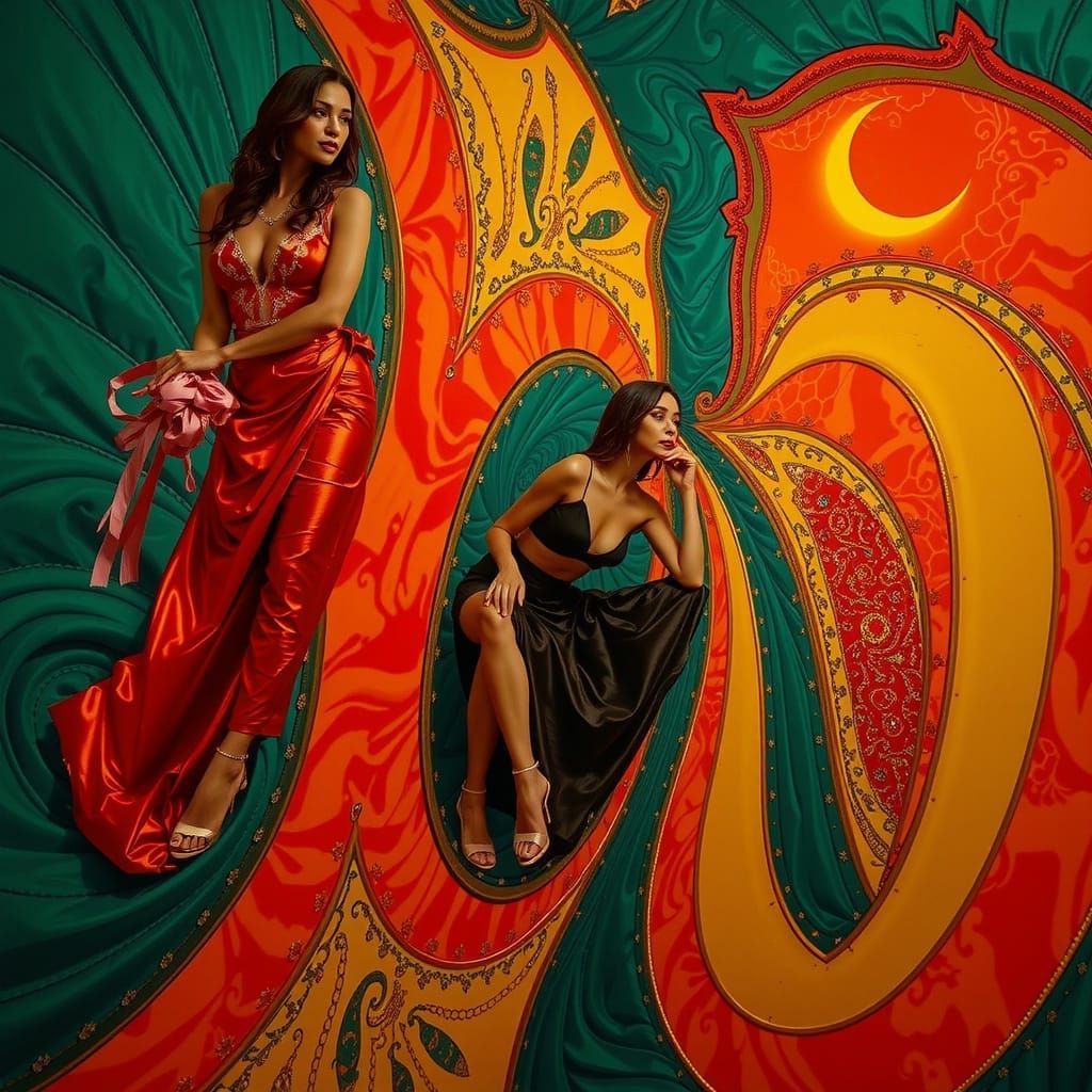 Elegant Women in Surreal Maximalist Environment