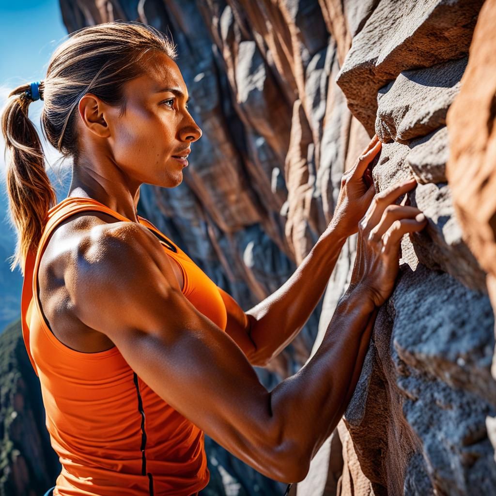 Muscular Woman Rock Climber in Mountain Landscape