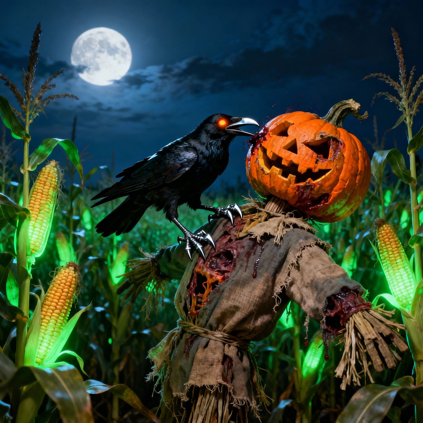 Crow Beheads Pumpkin Scarecrow in Moonlit Field