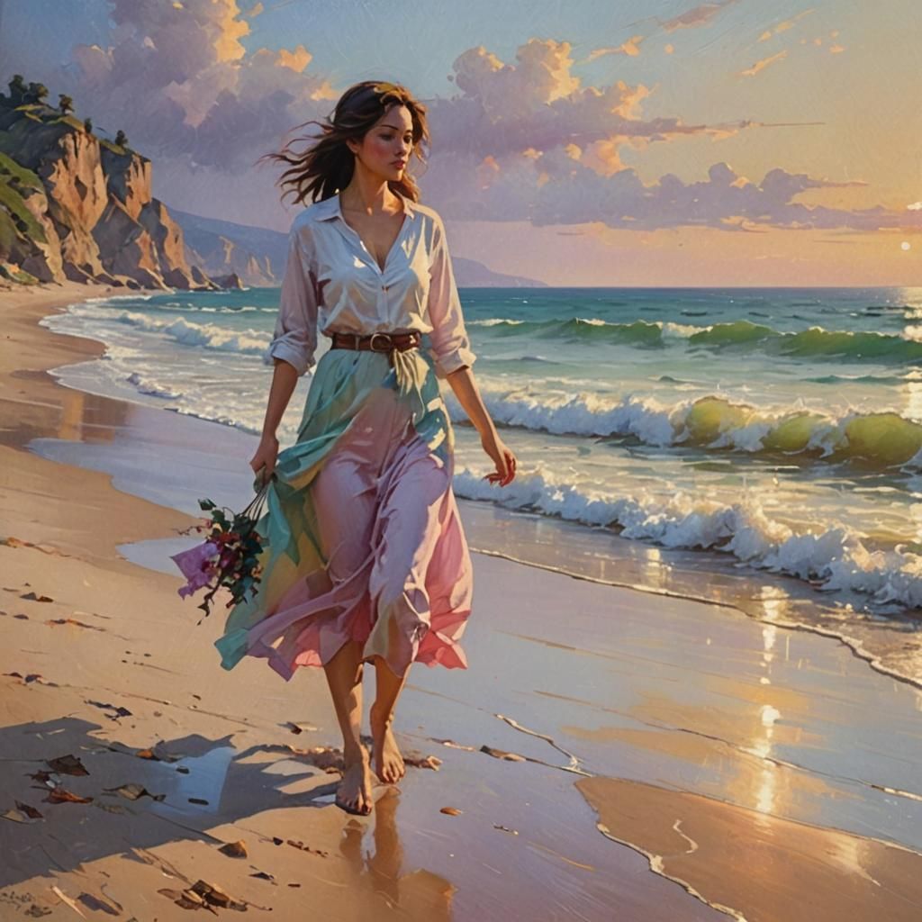 Woman on Beach in Romantic Pastel Painting