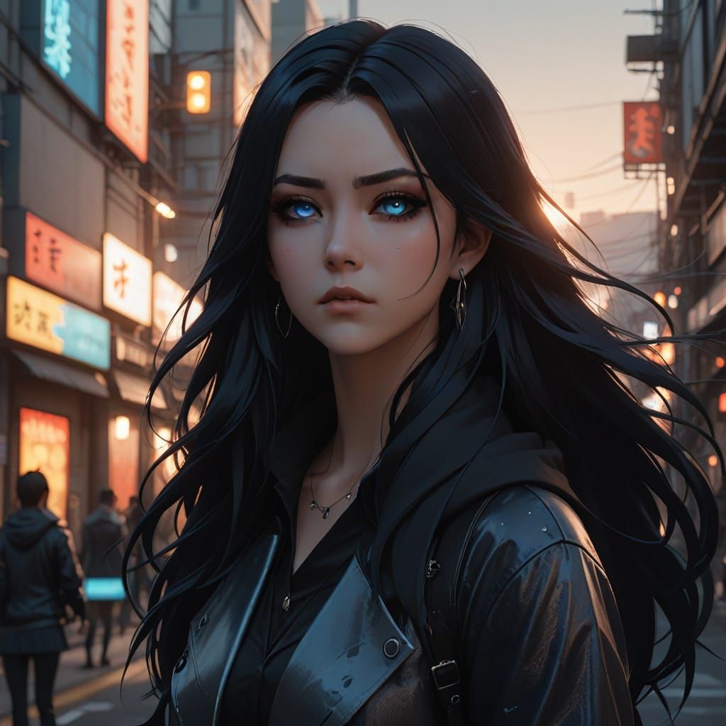 Anime Goth Woman in Moody Urban Setting