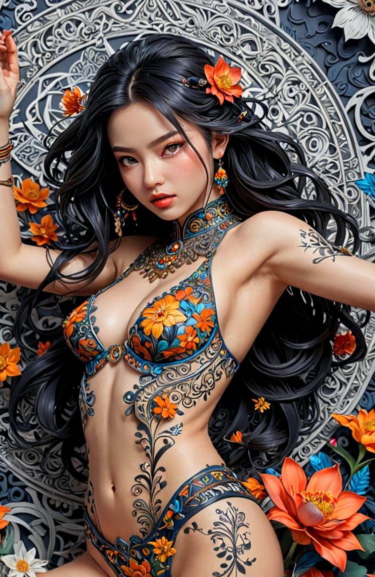 Detailed Chinese Zentangle Flower Art in 8K