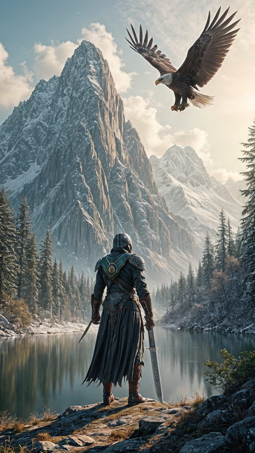 Eagle and Warrior in Retro-Futuristic Landscape
