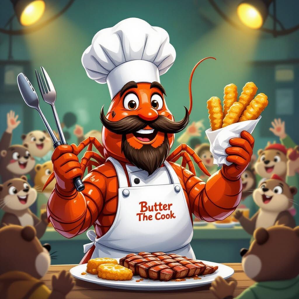 Humanoid Lobster Chef Presents BBQ Feast to Cheering Otters