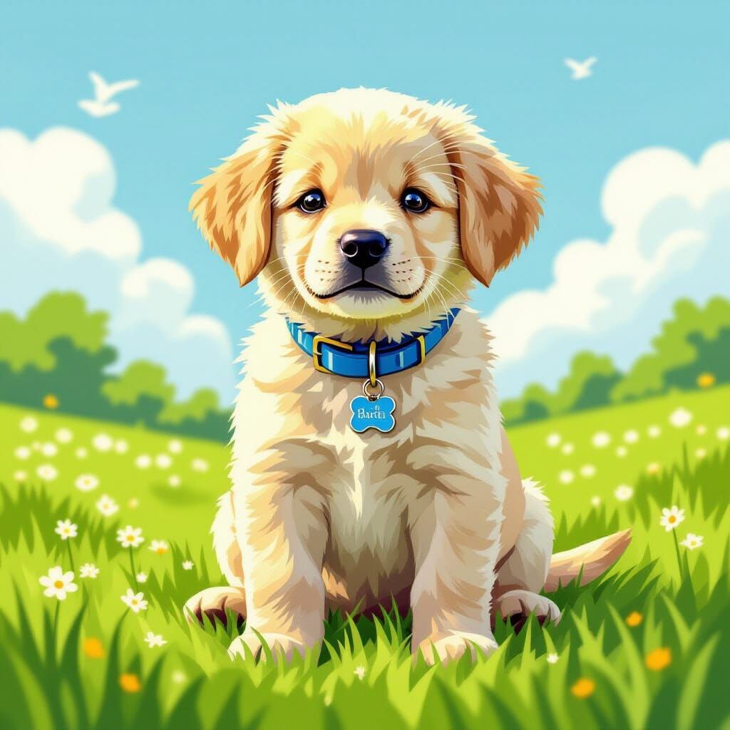 Labrador Puppy in Grassy Field, Whimsical Illustration Style