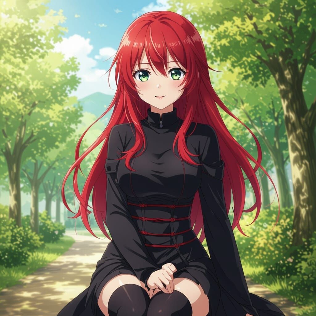 Beautiful Anime Girl with Red Hair and Black Eyes